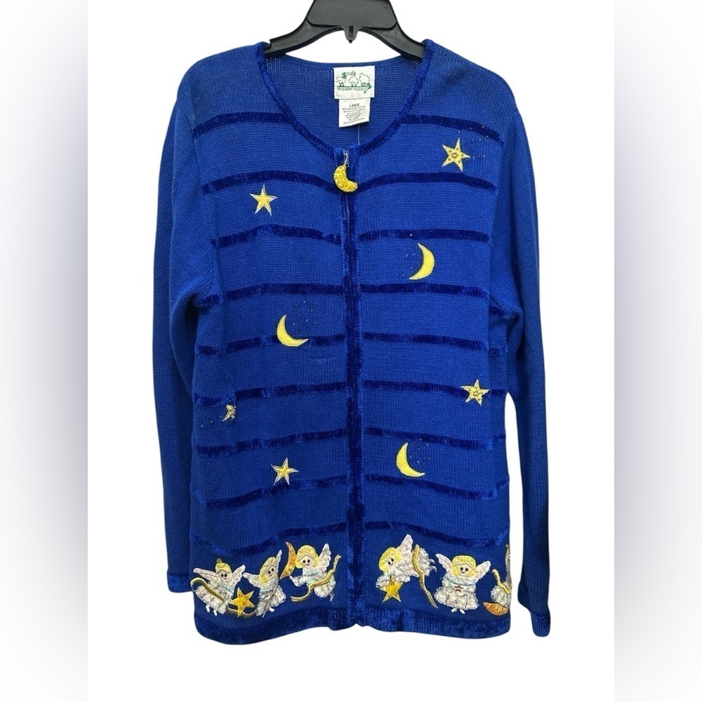 Quacker Factory Cardigan Full Zip Sweater Sun Moon Star Angel Sequins Large NWT